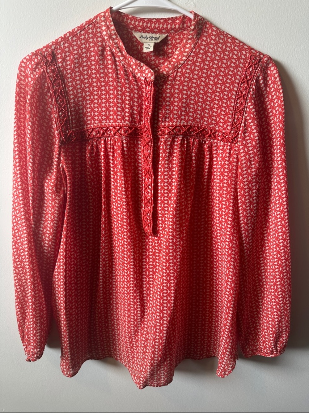 LUCKY Dark Orange Printed Peasant-Style Button Front Blouse